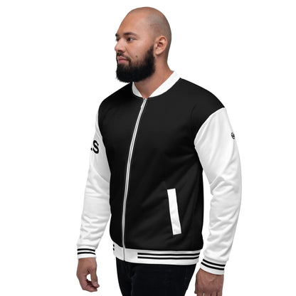 Mann trägt eine schwarz-weiße CREWILD Collegejacke im Unisex-Design.