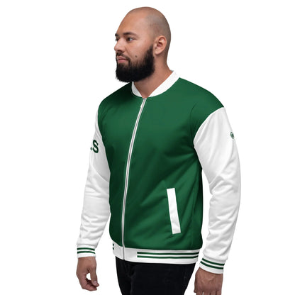 Mann trägt eine grün-weiße CREWILD Collegejacke im Unisex-Design.