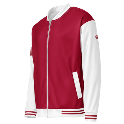 Rot-weiße CREWILD Collegejacke für Unisex mit Reißverschluss und gestreiften Bündchen.