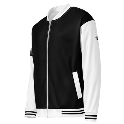 Schwarz-weiße CREWILD Collegejacke für Unisex mit Reißverschluss und gestreiften Bündchen.