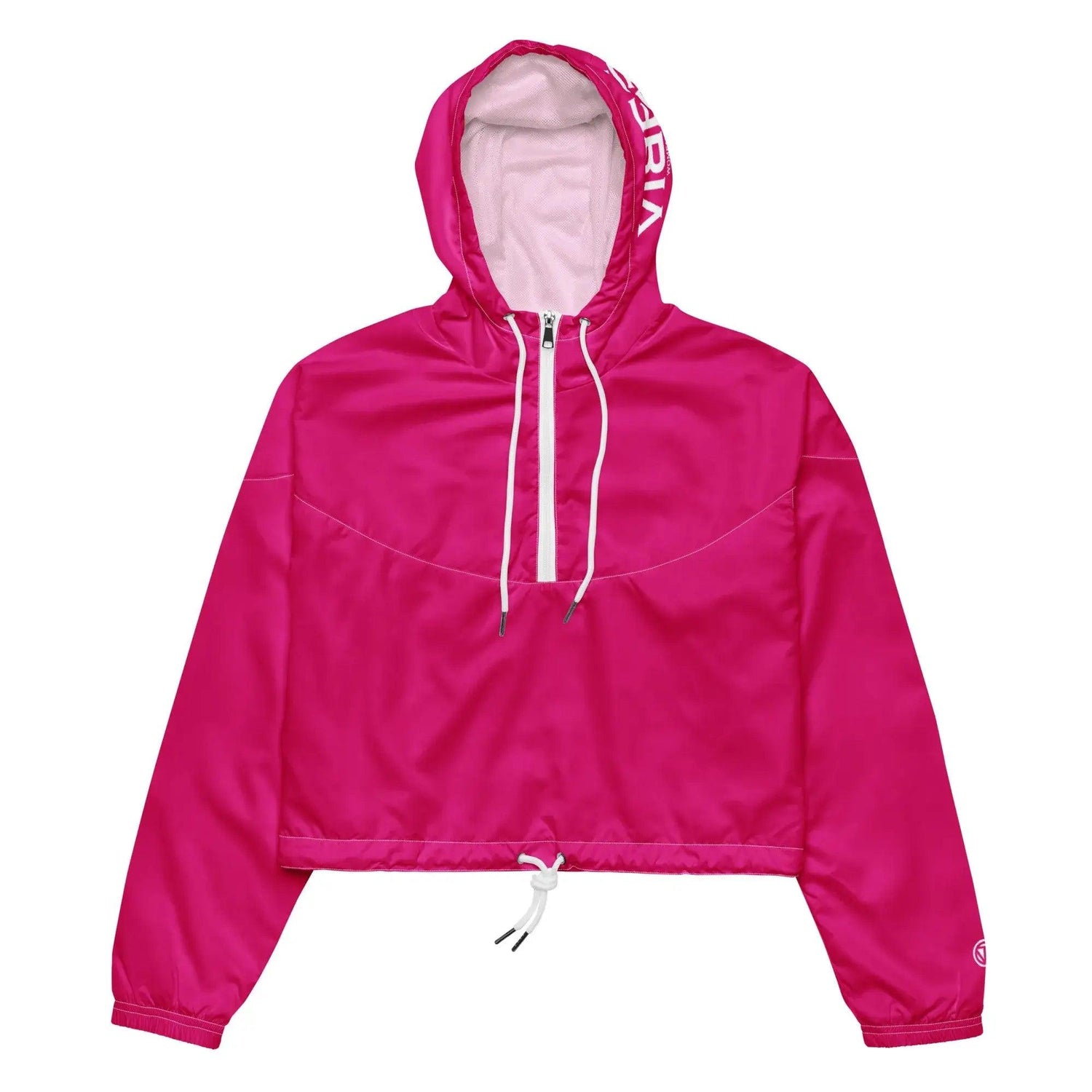 Damen Crop Windbreaker in Pink mit Kapuze, Kordelzug und weißen Details, Sportjacke