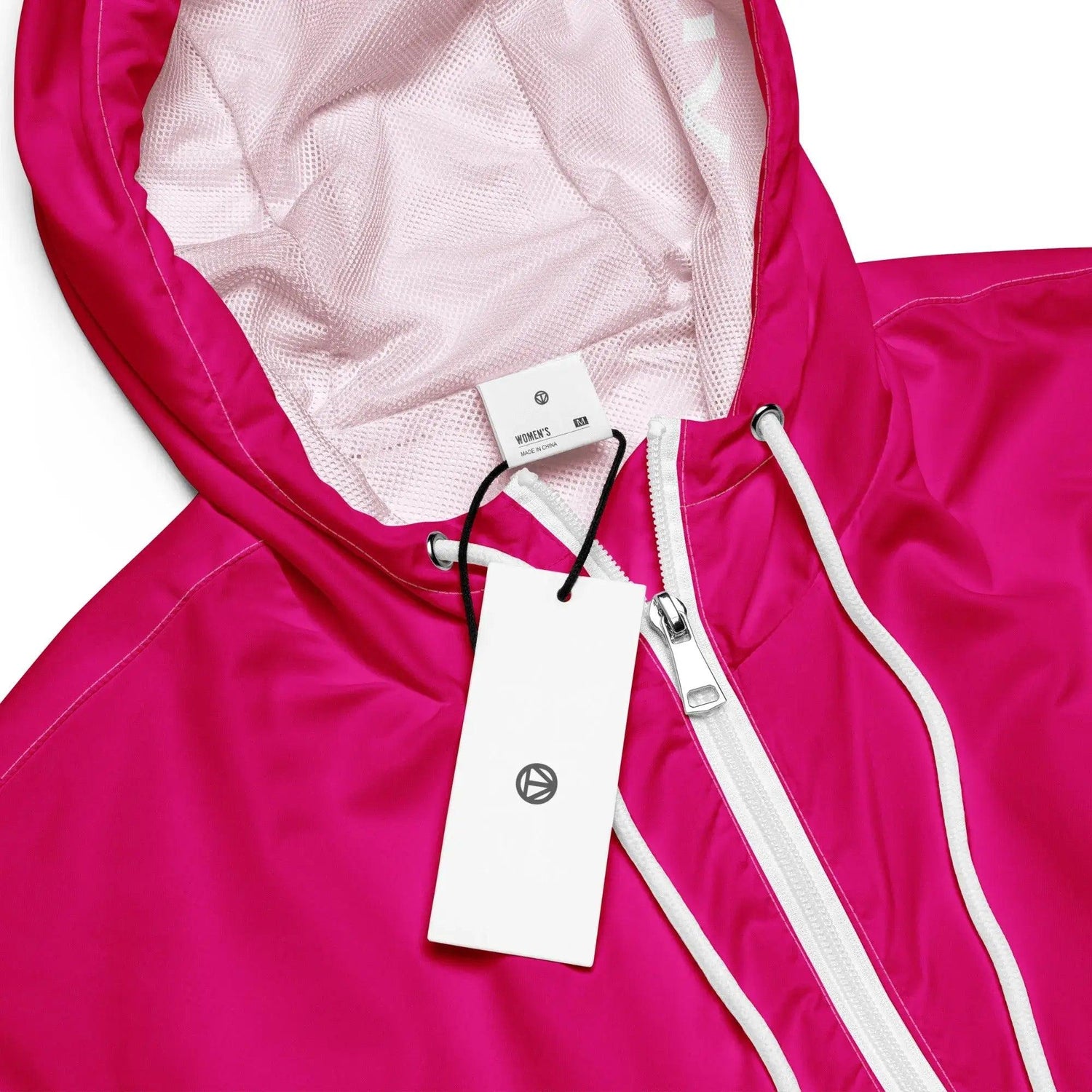 Damen Windbreaker Pink mit Kapuze, Reißverschluss und Etikett, Produktdetailansicht