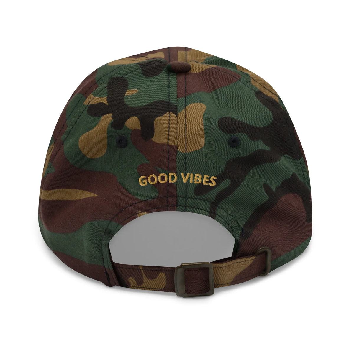 Rückansicht einer CREWILD Baseball Cap in Camouflage-Optik mit gelbem &