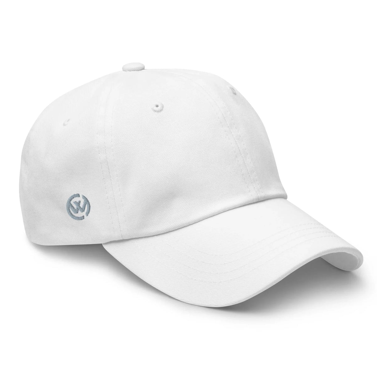 Weiße CREWILD Baseball Cap mit rundem Logo-Stick auf der Seite