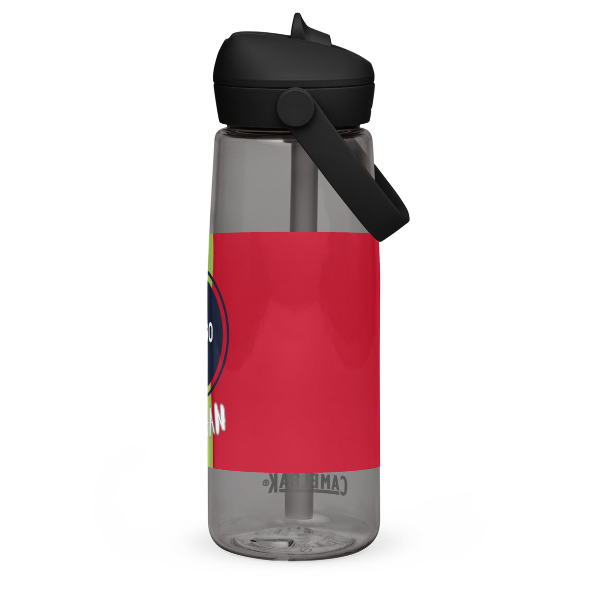 Individuell bedruckbare CREWILD Trinkflasche aus transparentem Kunststoff mit Trinkhalm