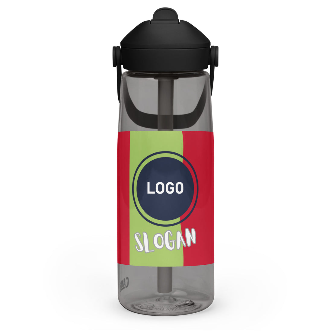 Personalisierbare CREWILD Trinkflasche mit umklappbarem Trinkhalm und individuellem Logo-Design.