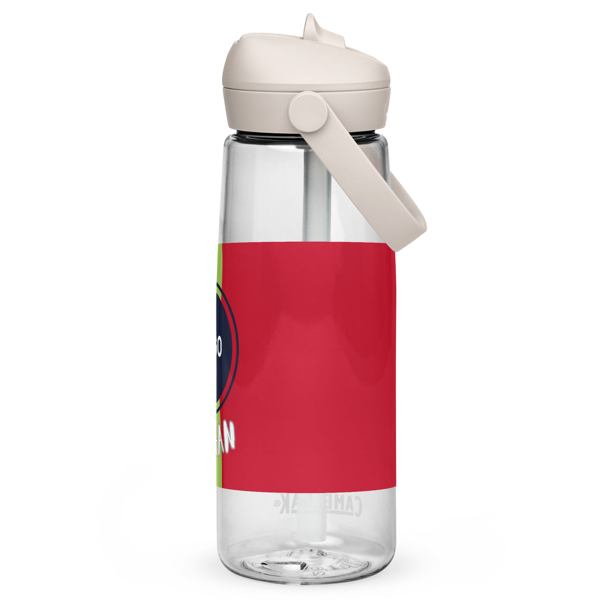 Individuell bedruckbare CREWILD Trinkflasche aus Glas mit umklappbarem Trinkhalm und weißem Deckel