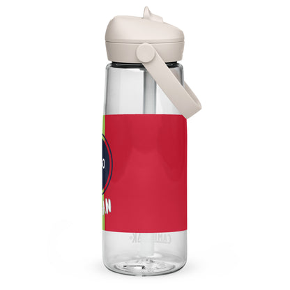 Individuell bedruckbare CREWILD Trinkflasche aus Glas mit umklappbarem Trinkhalm und weißem Deckel
