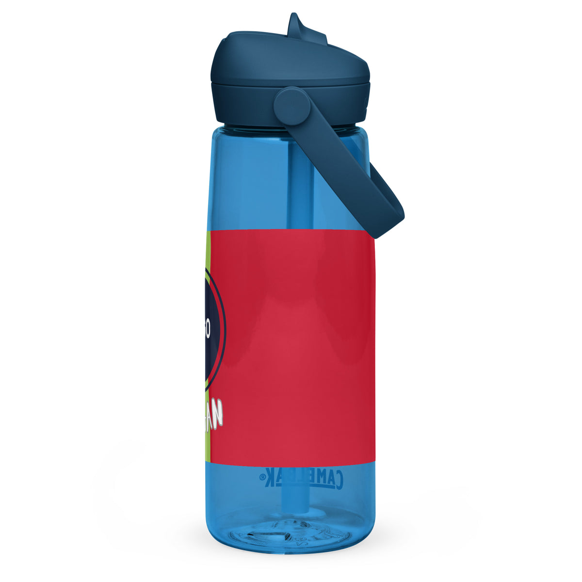 Blaue CREWILD Trinkflasche mit umklappbarem Trinkhalm und individuellem Grafikdruck