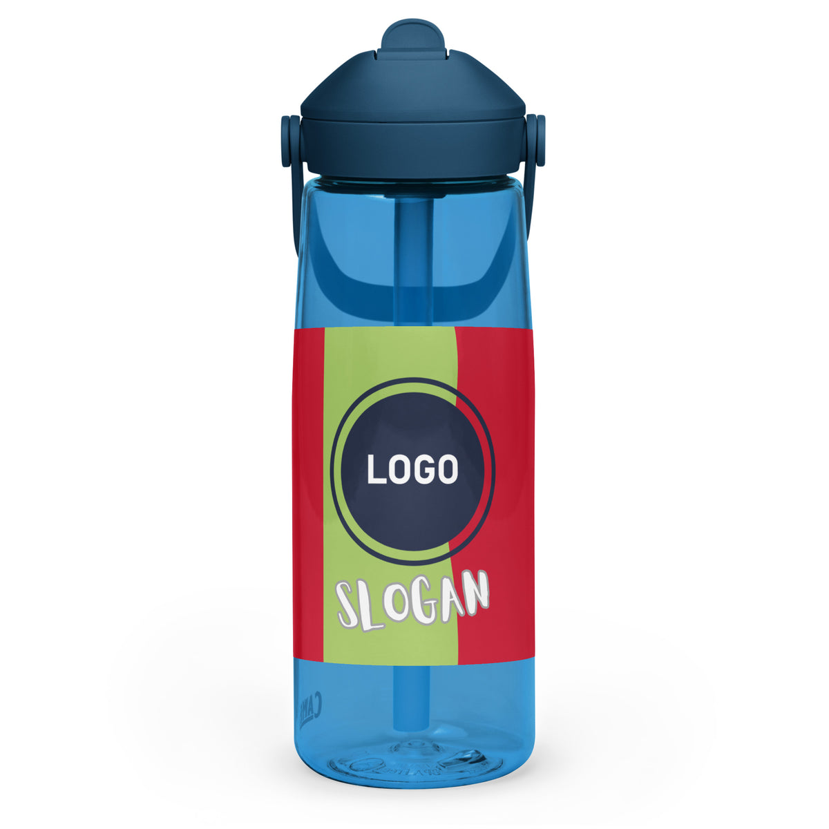 Blaue CREWILD Trinkflasche mit umklappbarem Trinkhalm und individuellem Logo- und Slogan-Print