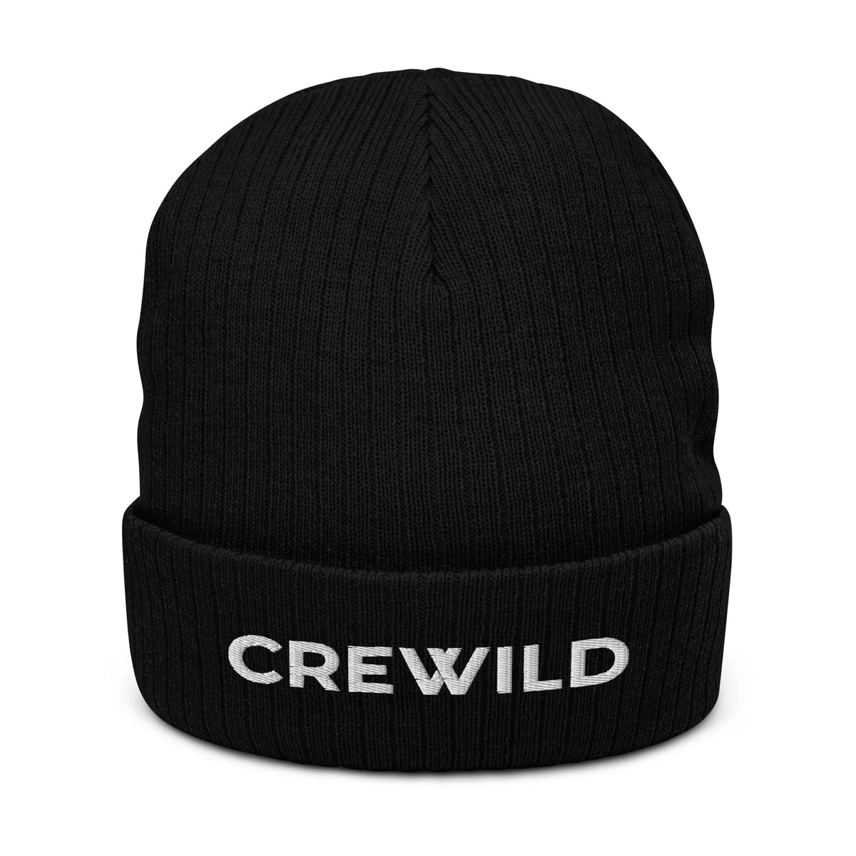 Schwarze CREWILD Beanie Strickmütze mit weißem Logo-Schriftzug auf dem Umschlag.