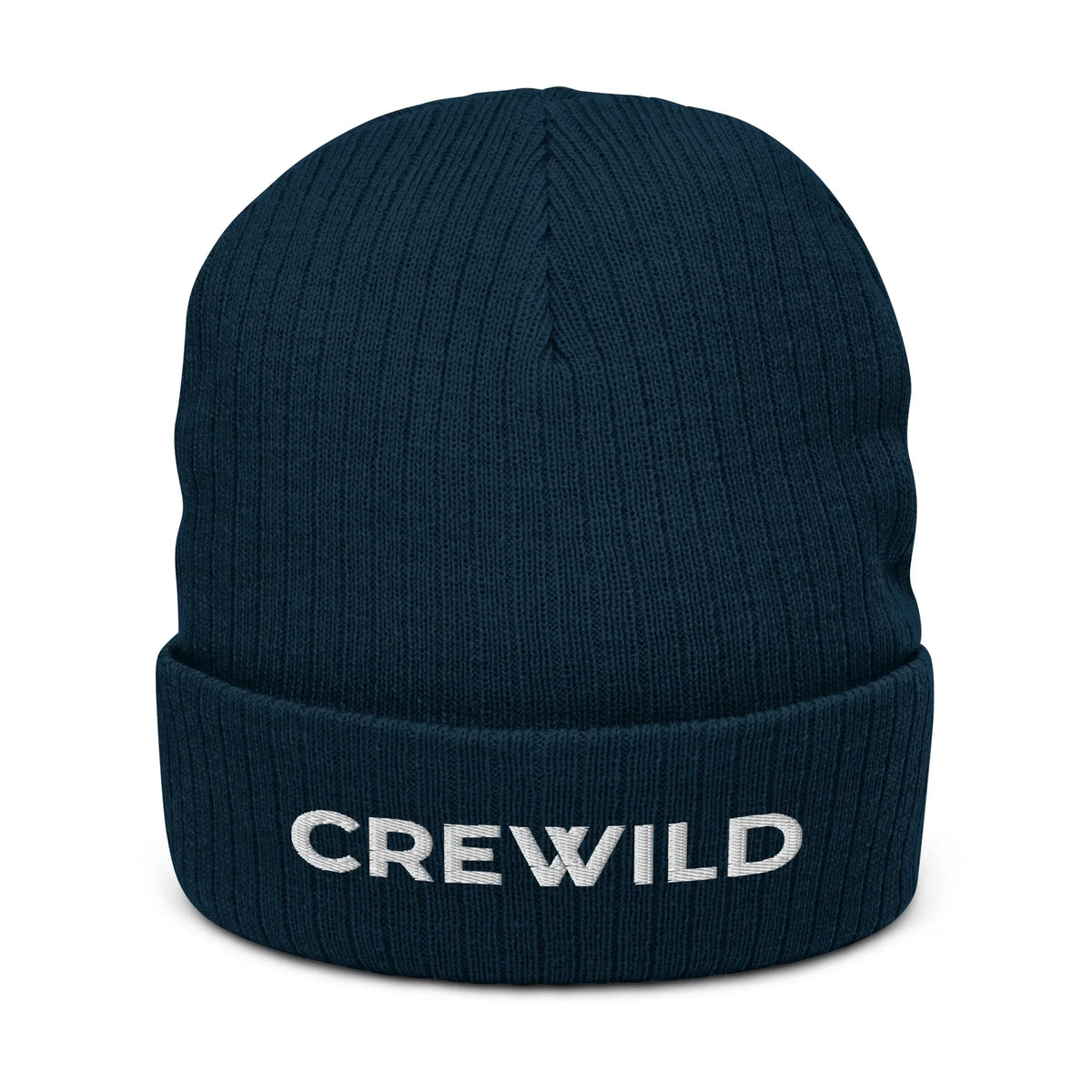 Dunkelblaue CREWILD Beanie Strickmütze mit weißem Schriftzug auf dem Umschlag