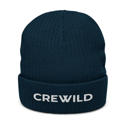 Dunkelblaue CREWILD Beanie Strickmütze mit weißem Schriftzug auf dem Umschlag