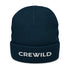 Dunkelblaue CREWILD Beanie Strickmütze mit weißem Schriftzug auf dem Umschlag