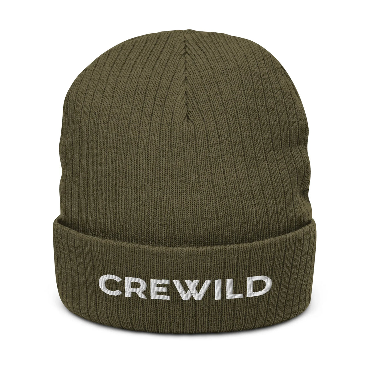 Olivgrüne CREWILD Beanie Strickmütze mit weißem Schriftzug auf dem Umschlag