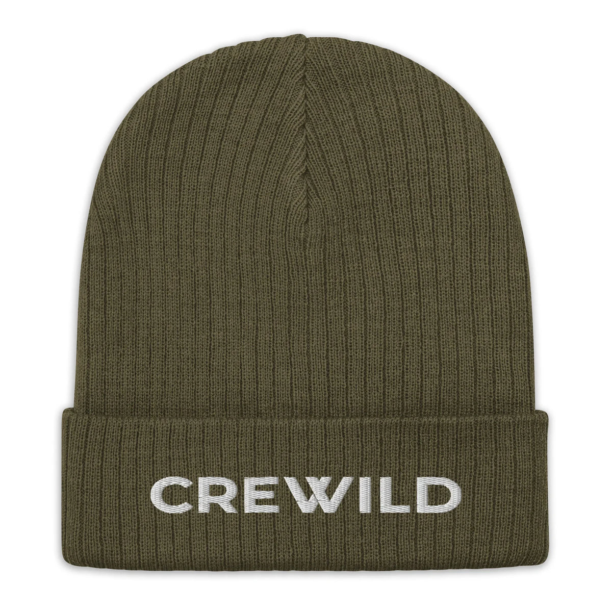 Olivgrüne CREWILD Beanie Strickmütze mit weißem CREWILD Schriftzug auf dem Umschlag.