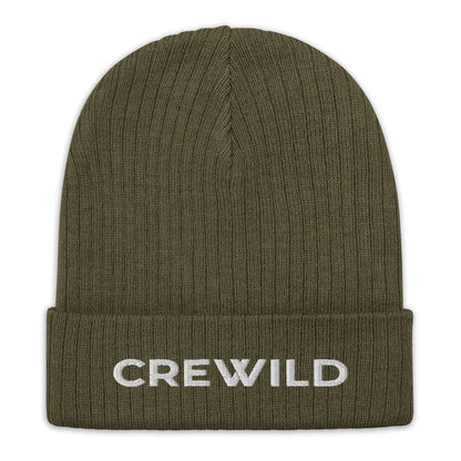 Olivgrüne CREWILD Beanie Strickmütze mit weißem CREWILD Schriftzug auf dem Umschlag.