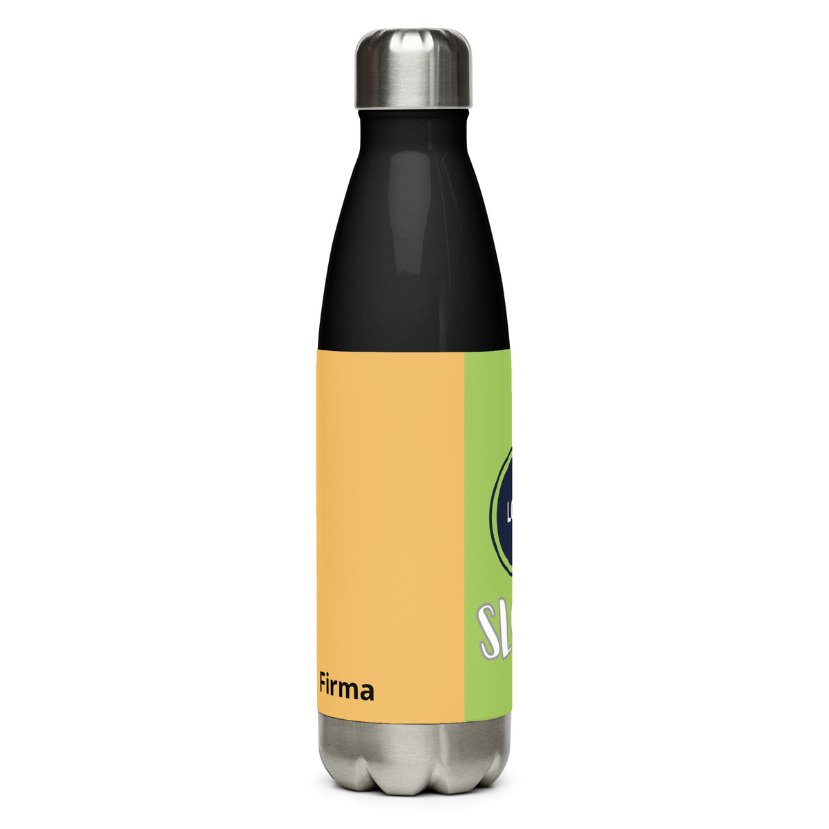 Individuell bedruckbare Edelstahl-Trinkflasche von CREWILD in Schwarz, Gelb und Grün.