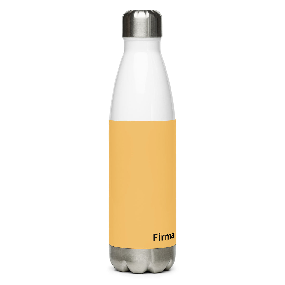 Weiße Edelstahl-Trinkflasche von CREWILD mit gelbem Mittelteil und individuellem Aufdruck