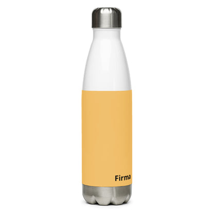 Weiße Edelstahl-Trinkflasche von CREWILD mit gelbem Mittelteil und individuellem Aufdruck