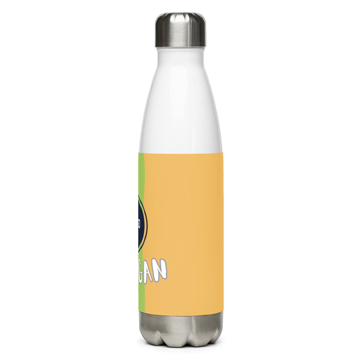 Weiße Edelstahl-Trinkflasche von CREWILD mit individuellem gelb-grünem Design-Aufdruck