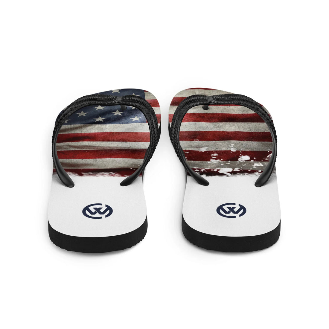 CREWILD Flip-Flops mit US-Flagge im Vintage-Look und Logo auf weißem Hintergrund