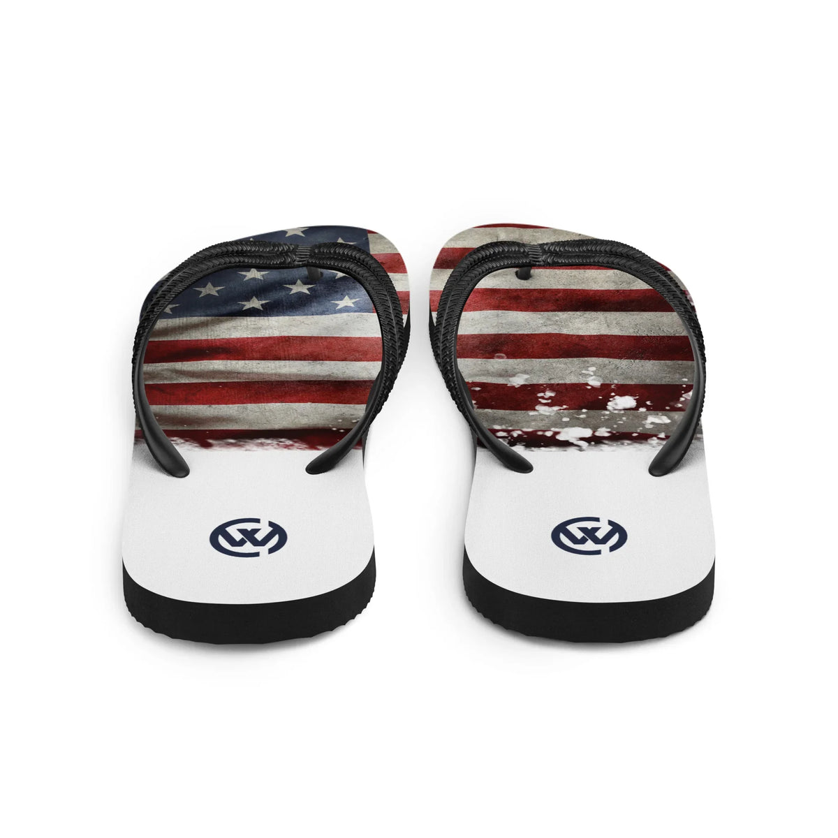 CREWILD Flip-Flops mit US-Flagge im Vintage-Look und Logo auf weißem Hintergrund