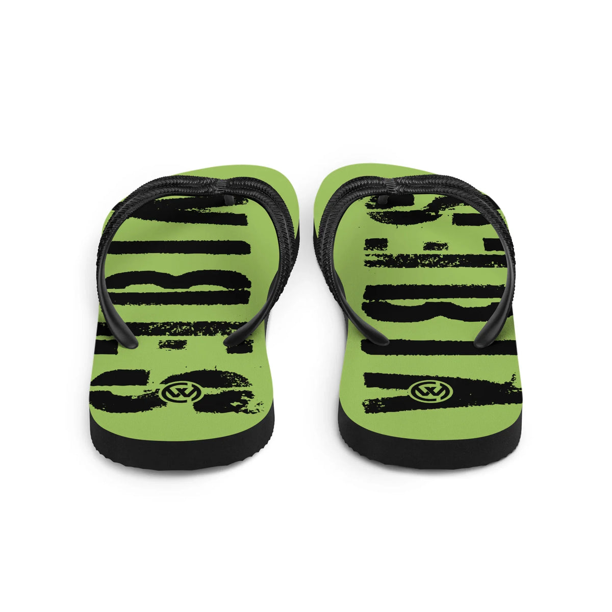 Grün-schwarze CREWILD Flip-Flops mit grafischem Muster und Logo