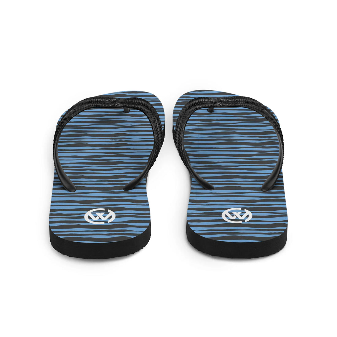 CREWILD Flip-Flops mit blau-schwarzem Wellenmuster und weißem Logo