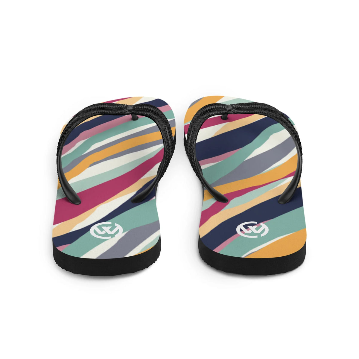 Bunte CREWILD Flip-Flops mit abstraktem Wellenmuster in Pastell- und kräftigen Farben.