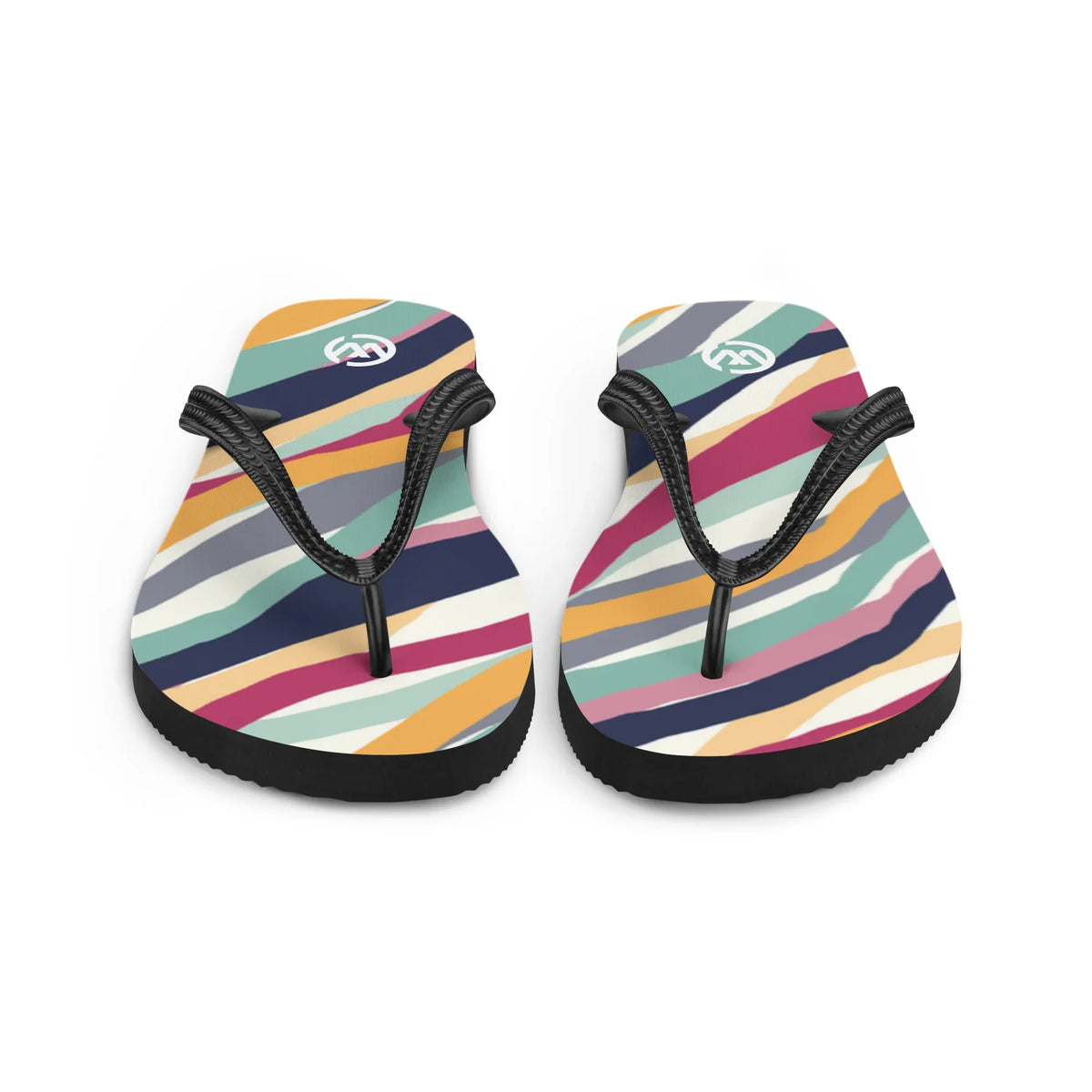 CREWILD Flip-Flops mit buntem, geschwungenem Streifenmuster in verschiedenen Farben.