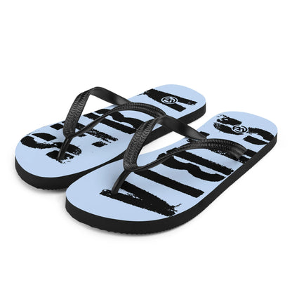 Blau-schwarze CREWILD Flip-Flops mit grafischem Muster und Logo