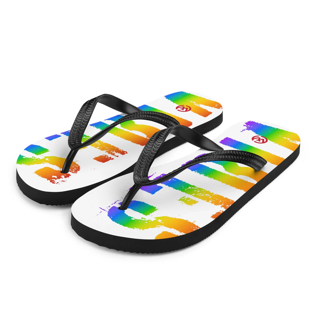 Weiße CREWILD Flip-Flops mit regenbogenfarbenem VIBES-Schriftzug im LGBTQ-Design.