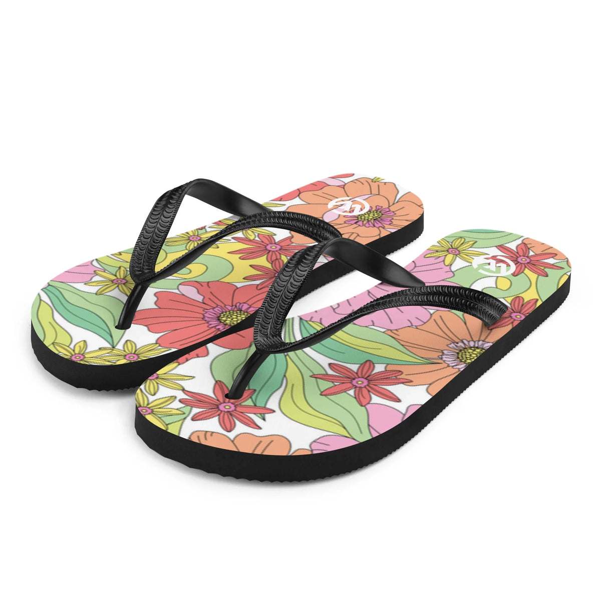 CREWILD Flip-Flops mit buntem Blumenmuster und schwarzen Riemen