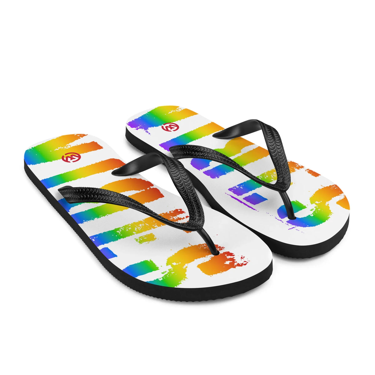 Weiße CREWILD Flip-Flops mit bunten Regenbogen-Grafiken im LGBTQ-Stil.