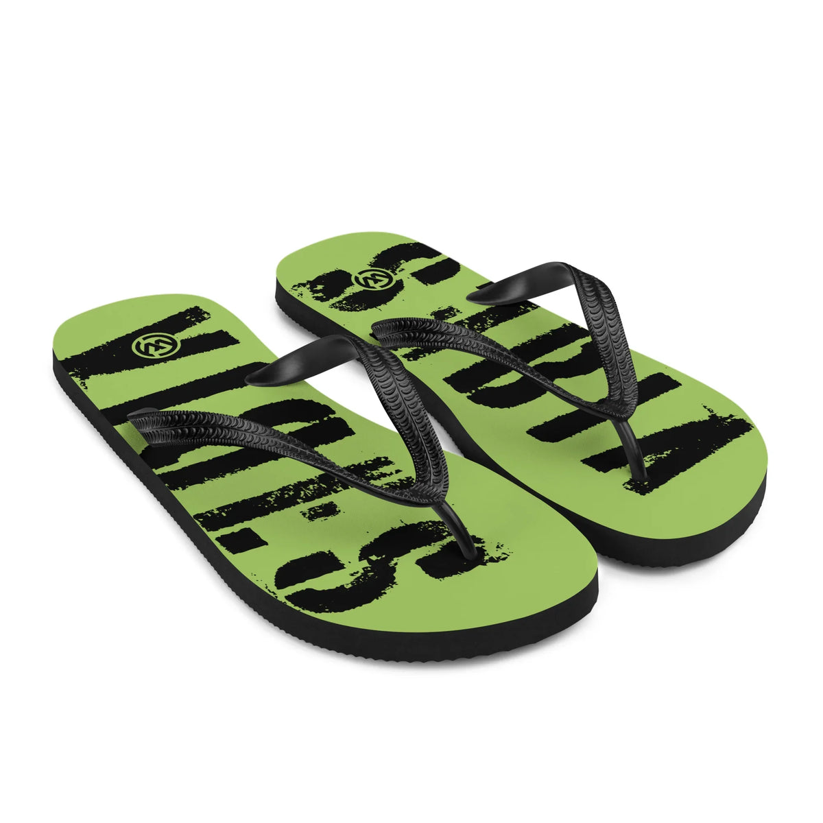 Grüne CREWILD Flip-Flops mit schwarzem VIBES-Schriftzug und schwarzen Riemen.
