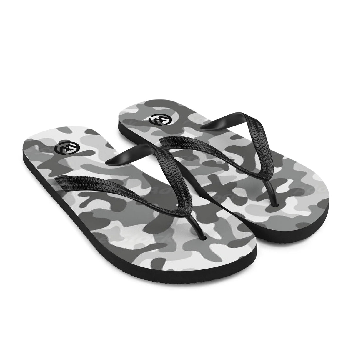 CREWILD Flip-Flops mit grauem Camouflage-Muster und schwarzen Riemen
