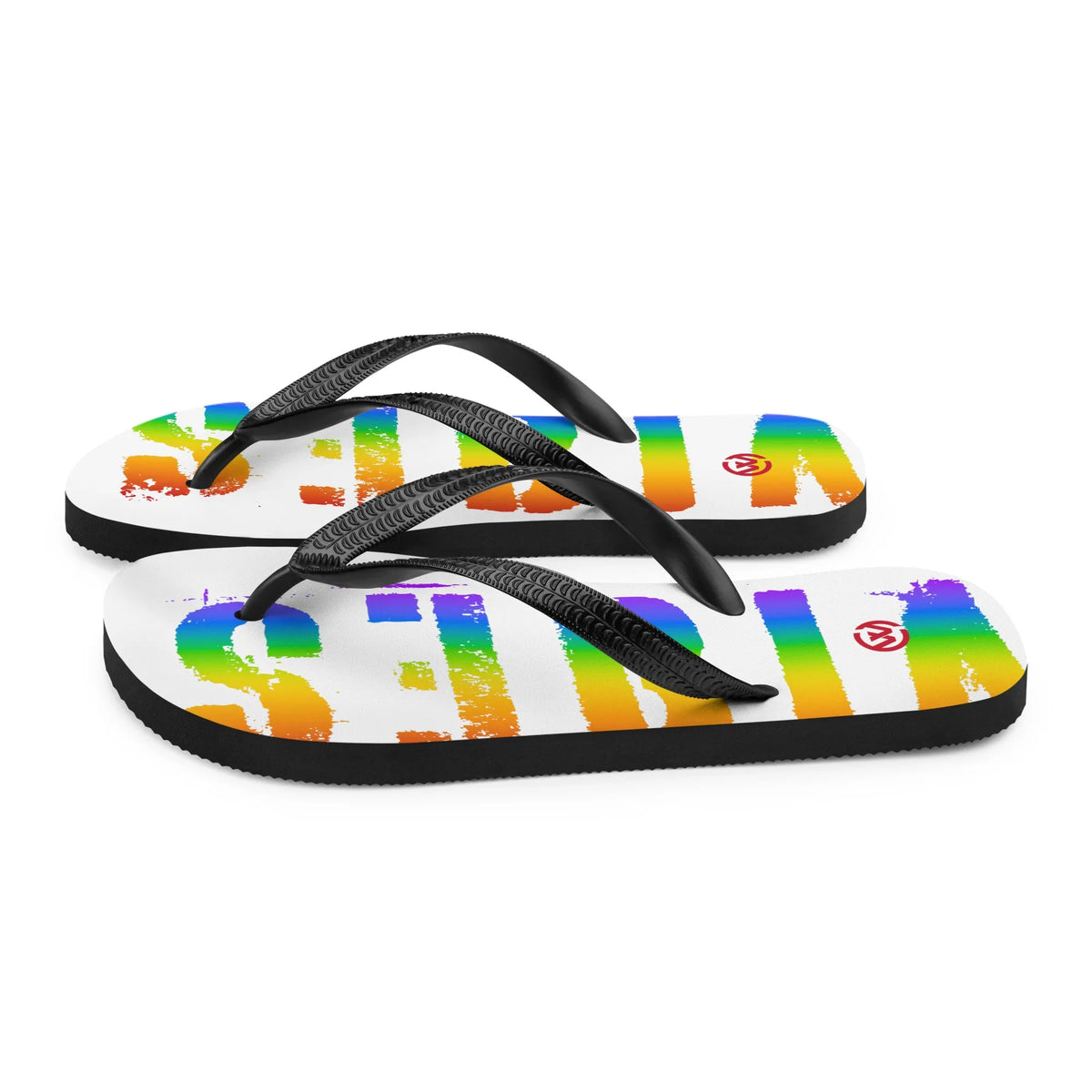 Weiße CREWILD Flip-Flops mit Regenbogen-VIBES-Schriftzug für LGBTQ+