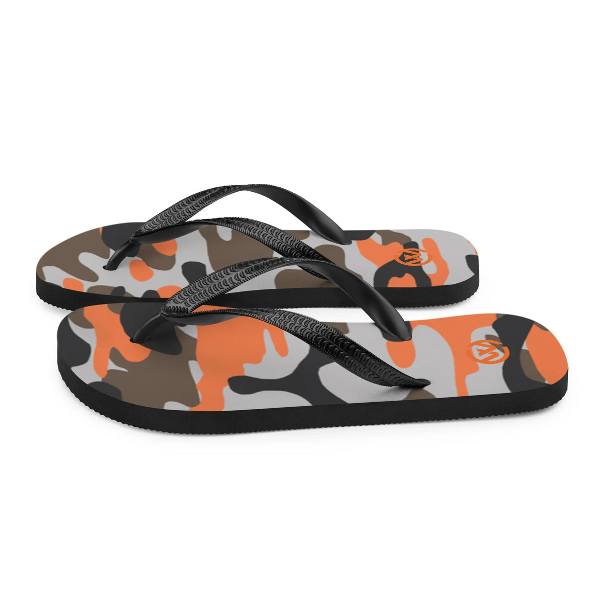 CREWILD Flip-Flops mit orange-grauem Camouflage-Muster und schwarzen Riemen