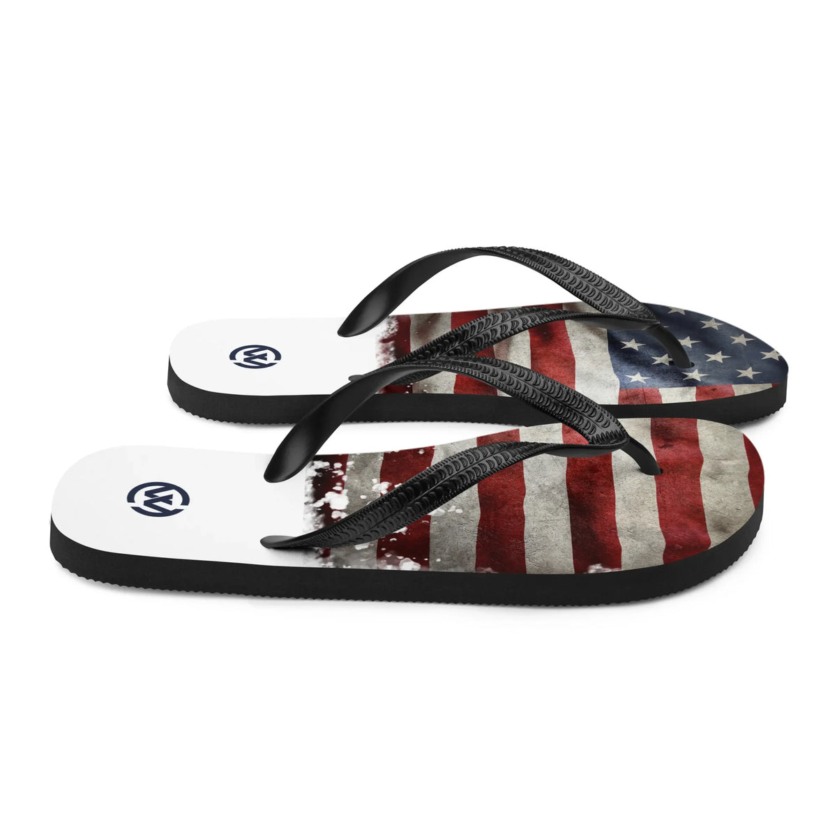 CREWILD Flip-Flops mit US-Flagge Design und Logo auf weißem Hintergrund