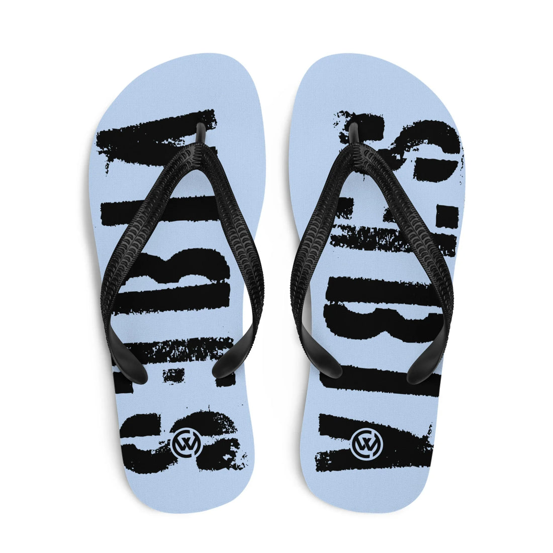 Hellblaue CREWILD Flip-Flops mit schwarzen Riemen und abstraktem schwarzen Grafikprint.