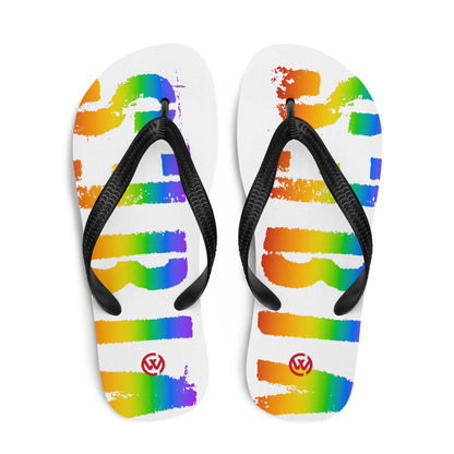 Weiße CREWILD Flip-Flops mit buntem Regenbogen-Print im LGBTQ-Stil