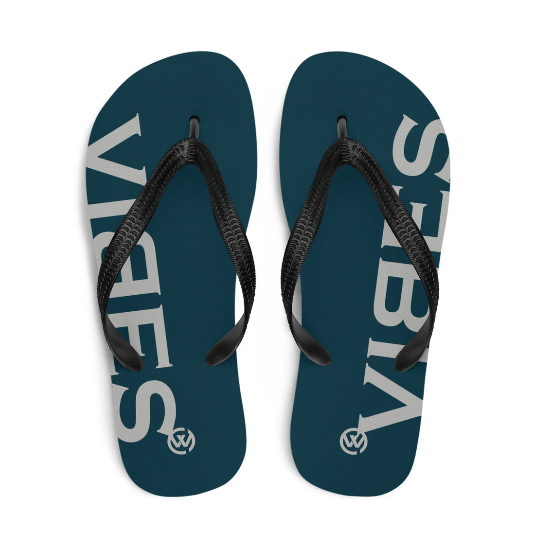 Blau-silberne CREWILD Flip-Flops mit VIBES-Schriftzug auf der Sohle.