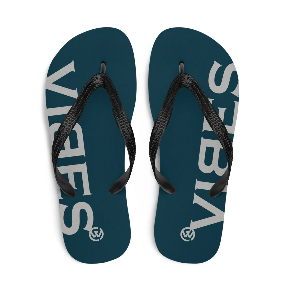 Blau-silberne CREWILD Flip-Flops mit VIBES-Schriftzug auf der Sohle.