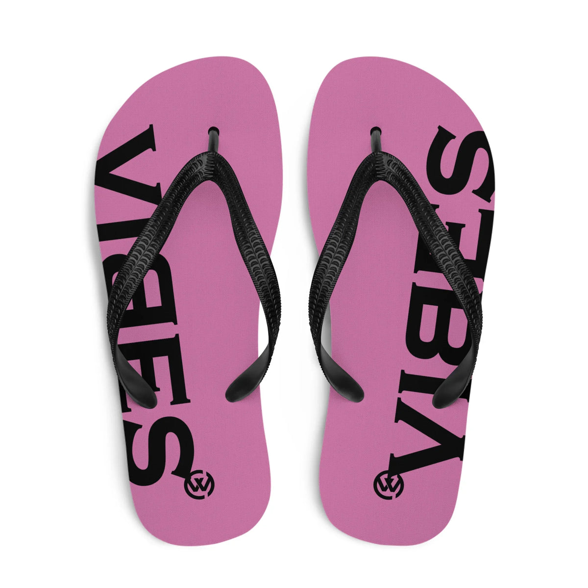Pinke CREWILD Flip-Flops mit schwarzem Riemen und schwarzem VIBES-Schriftzug