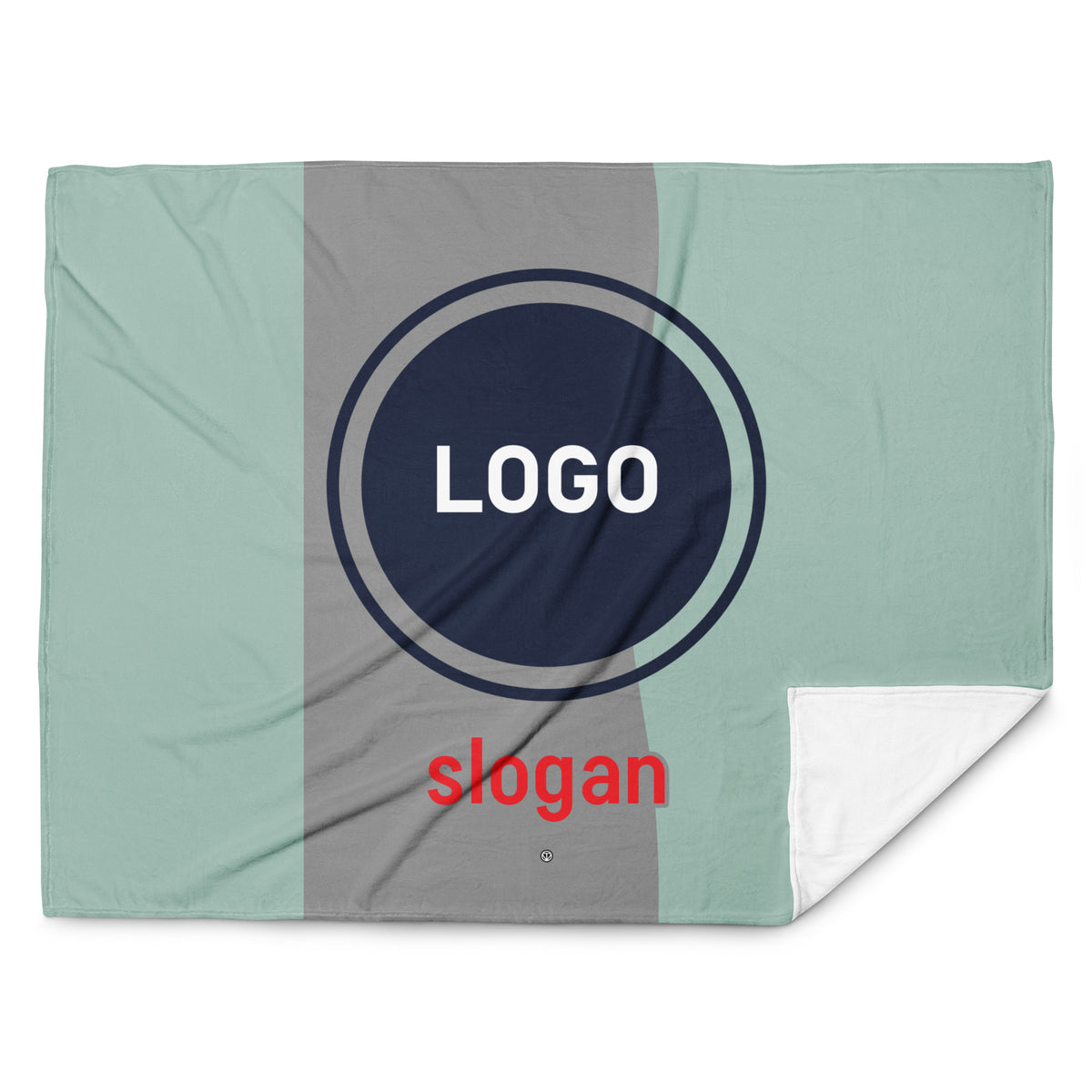 Individuell gestaltbare CREWILD Tagesdecke mit Logo- und Slogan-Platzhalter in Blau und Grau