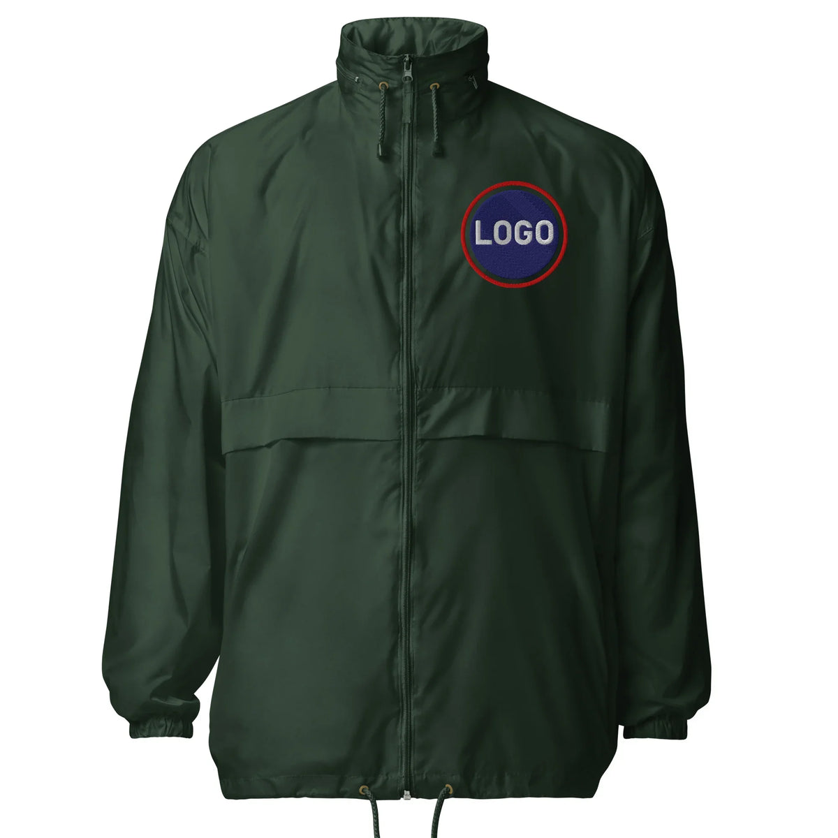 Dunkelgrüne Unisex Windjacke von CREWILD mit rundem Logo-Stick auf der Brust