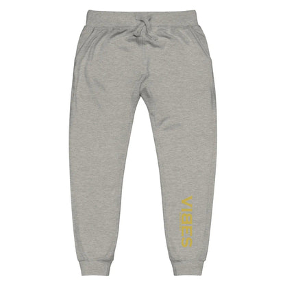 Unisex Fleece-Sweatpants in Carbon Grey mit gelbem Vibes-Schriftzug, Vorderansicht