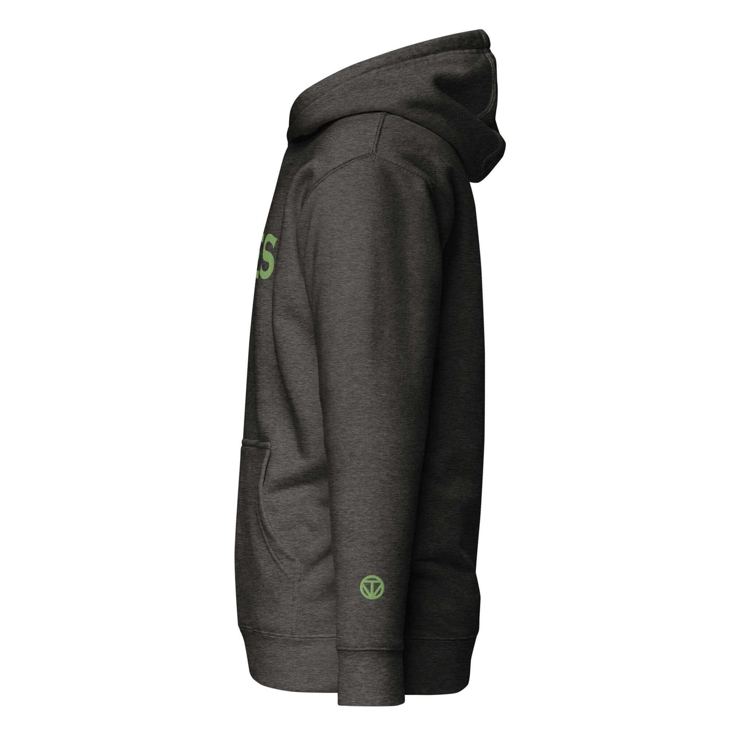 Unisex Premium Hoodie in Anthrazit seitlich, Kängurutasche, grünes Logo-Detail am Ärmel