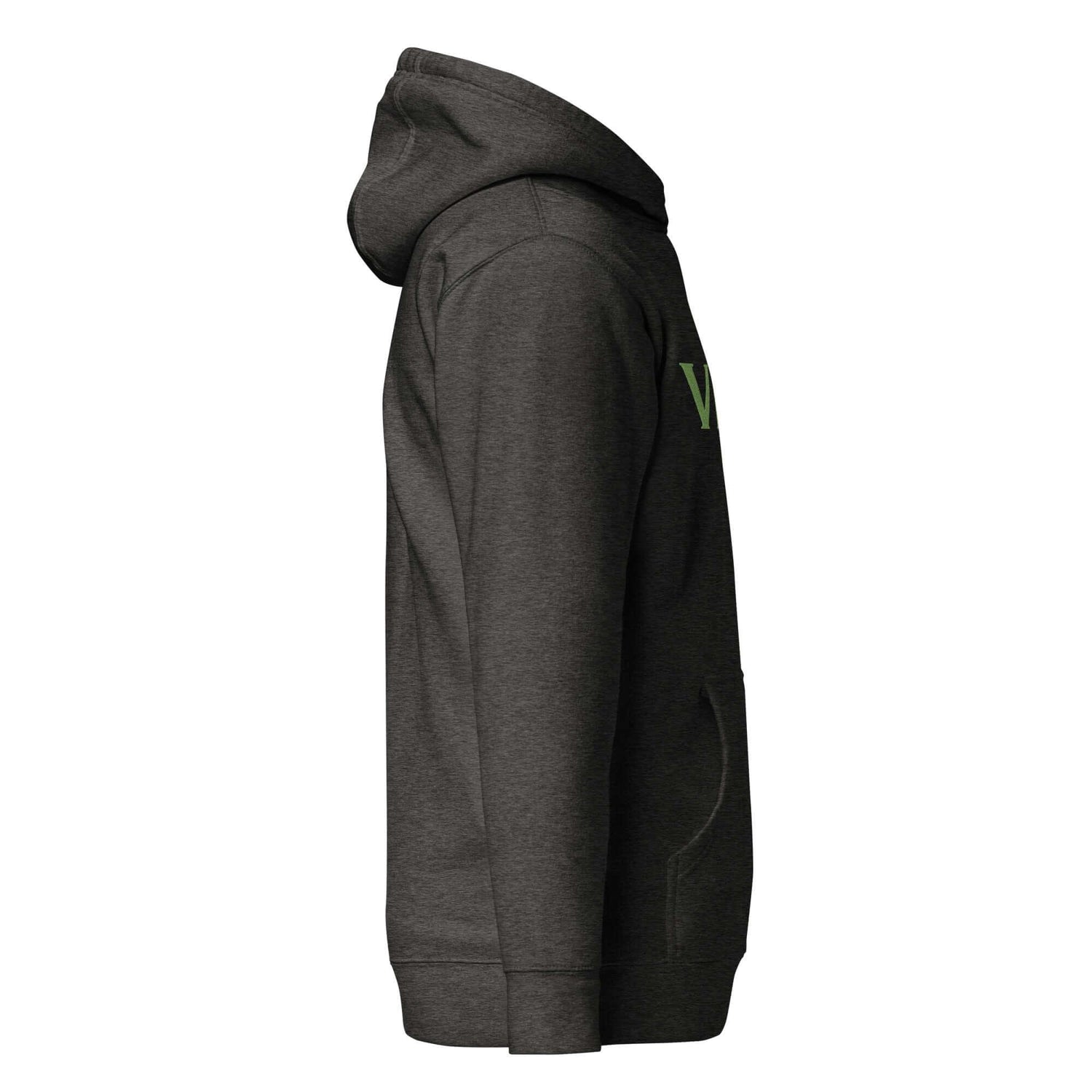 Unisex Premium Hoodie in Dunkelgrau, Seitenansicht, Kapuze, Kängurutasche, schlichtes Design